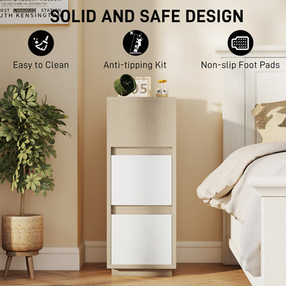 Slim Bedside Table, Narrow Bedside Cabinet with Open Shelf and 2 Drawers for Bedroom, Living Room, Natural Wood Finish