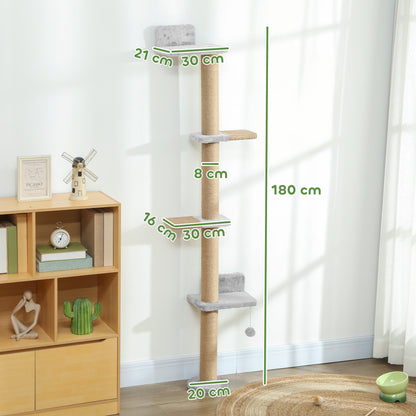 Wall Mounted Cat Shelves, Cat Climbing Wall with 4 Climbing Platforms, Jute Scratching Post and Toy Ball,180cm Tall