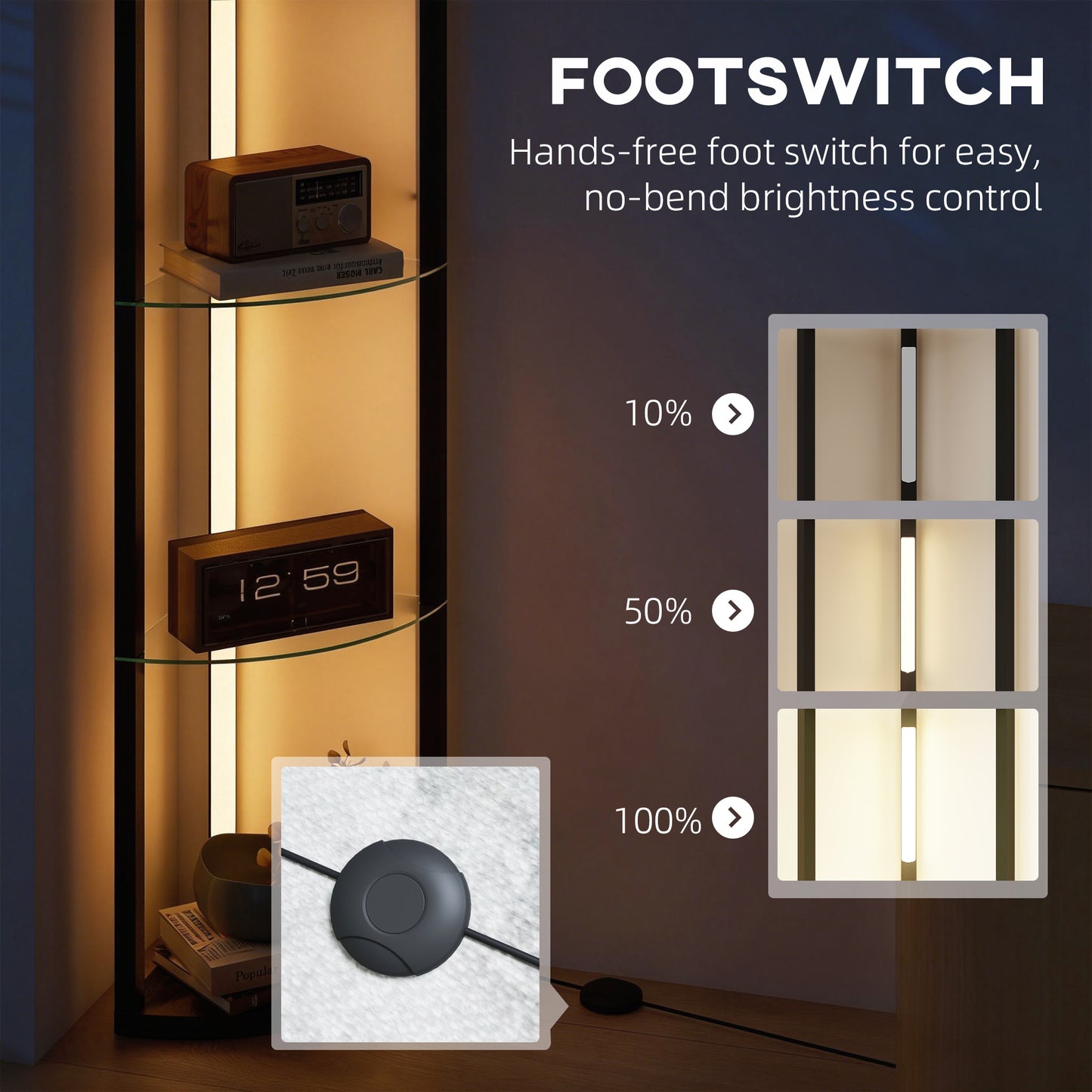 LED Floor Lamp with Shelves, Dimmable Standing Lamp with Foot Switch for Living Room, Bedroom, Black