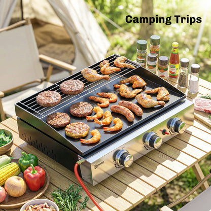 3 Burner Grill Griddle, Portable Gas Plancha with Warming Rack, 7.5 kW, Tabletop Gas BBQ with Grease Cup, Black