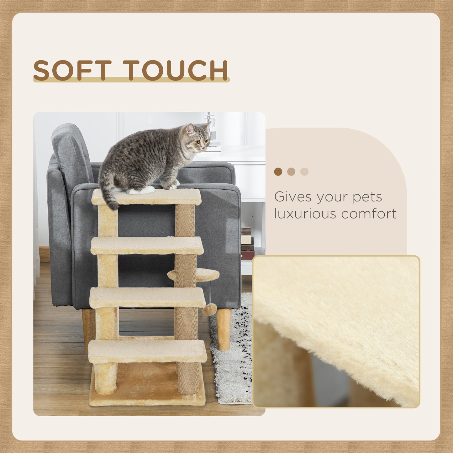 4-step Pet Stairs with Scratching Posts, Platforms, Toy Ball, Beige