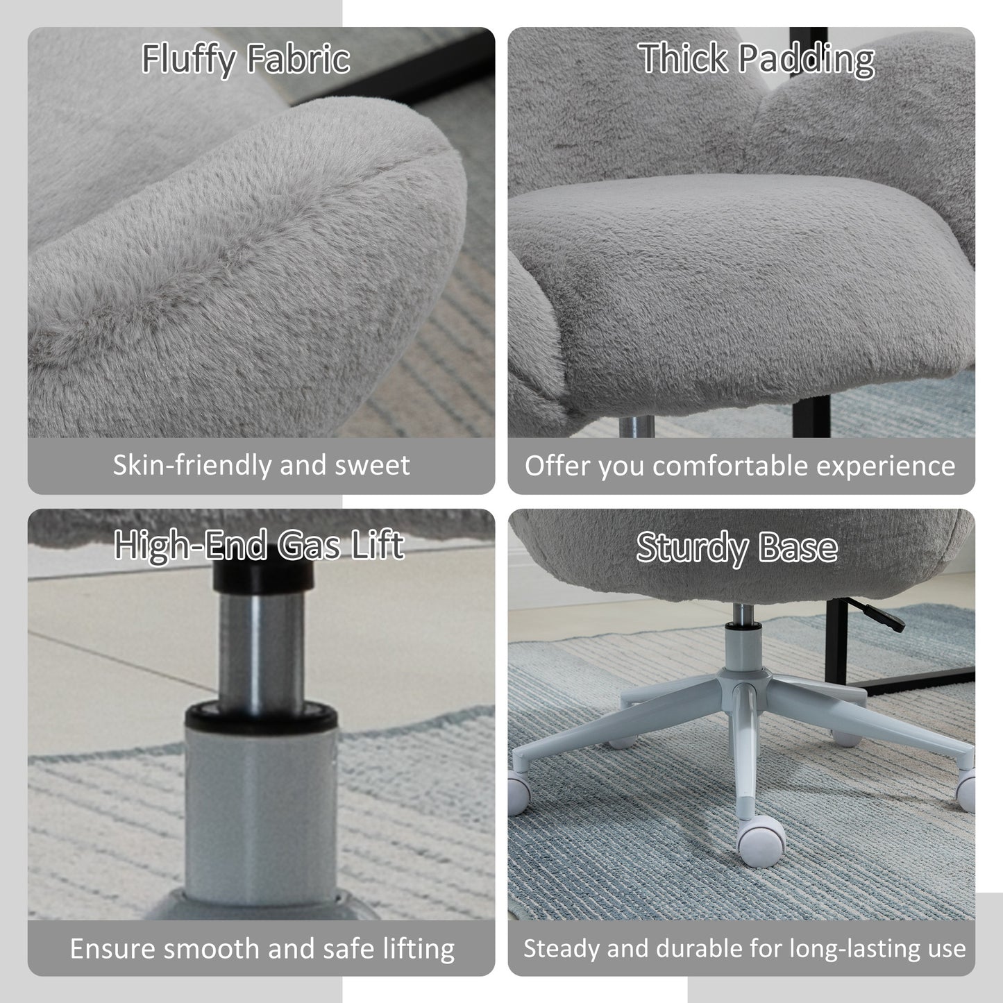 Makeup Vanity Chair, Cute Fluffy Desk Chair with Rolling Wheels for Bedroom Living Room, Grey