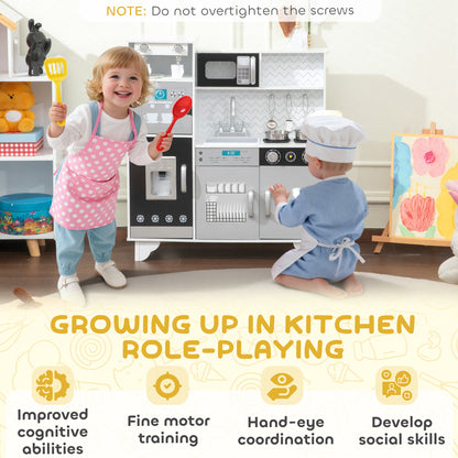 Kids Play Kitchen with Sound, Ice/Coffee Maker, Utensils, Microwave, Stainless Steel Utensils, for 3-6 Years