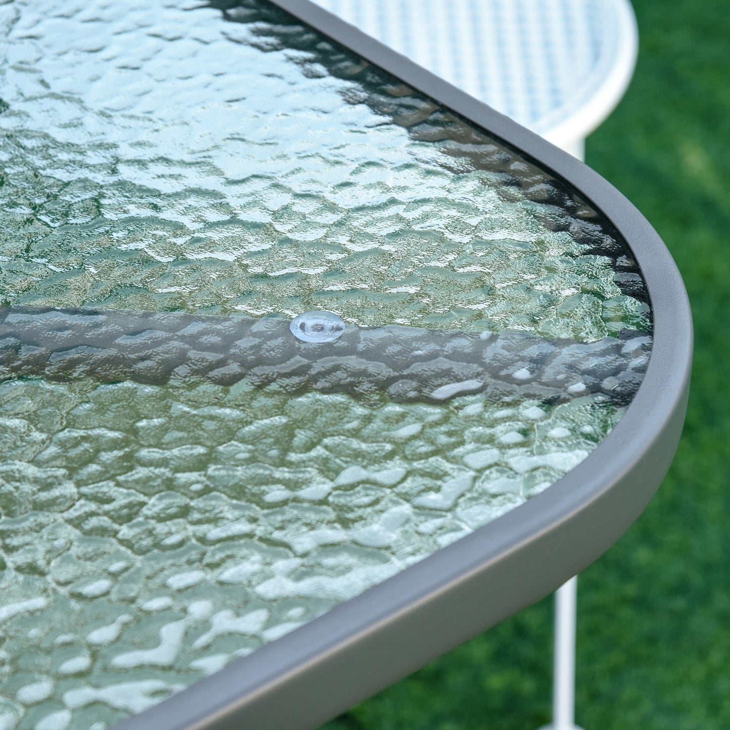 Garden Dining Table Glass Top Metal Frame with Parasol Hole Outdoor Balcony Grey 140L x 80Wcm