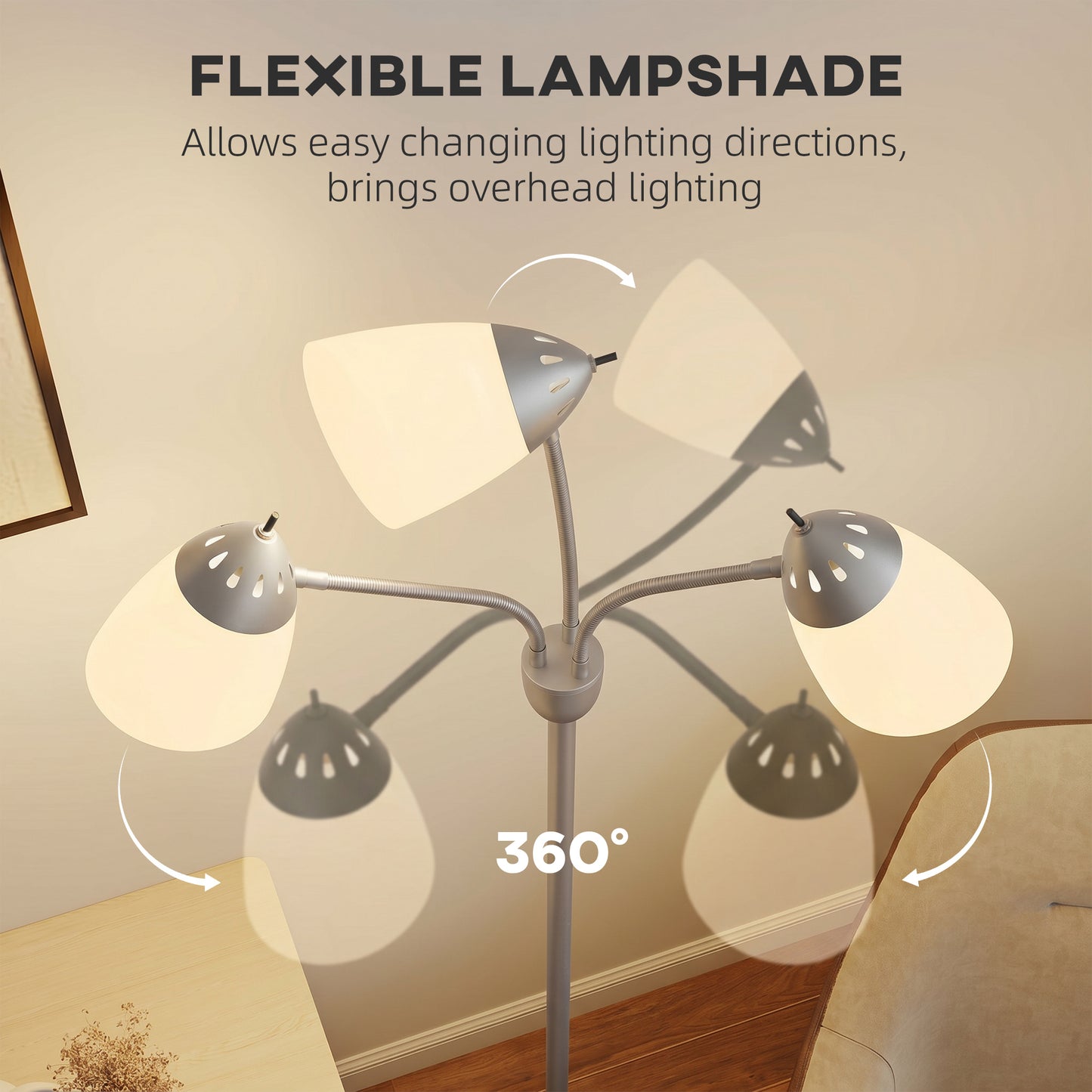Arc Tree Floor Lamp with 3 Adjustable Rotating Lights and 3000K/4500K/6500K Colour Temperatures, Silver Tone