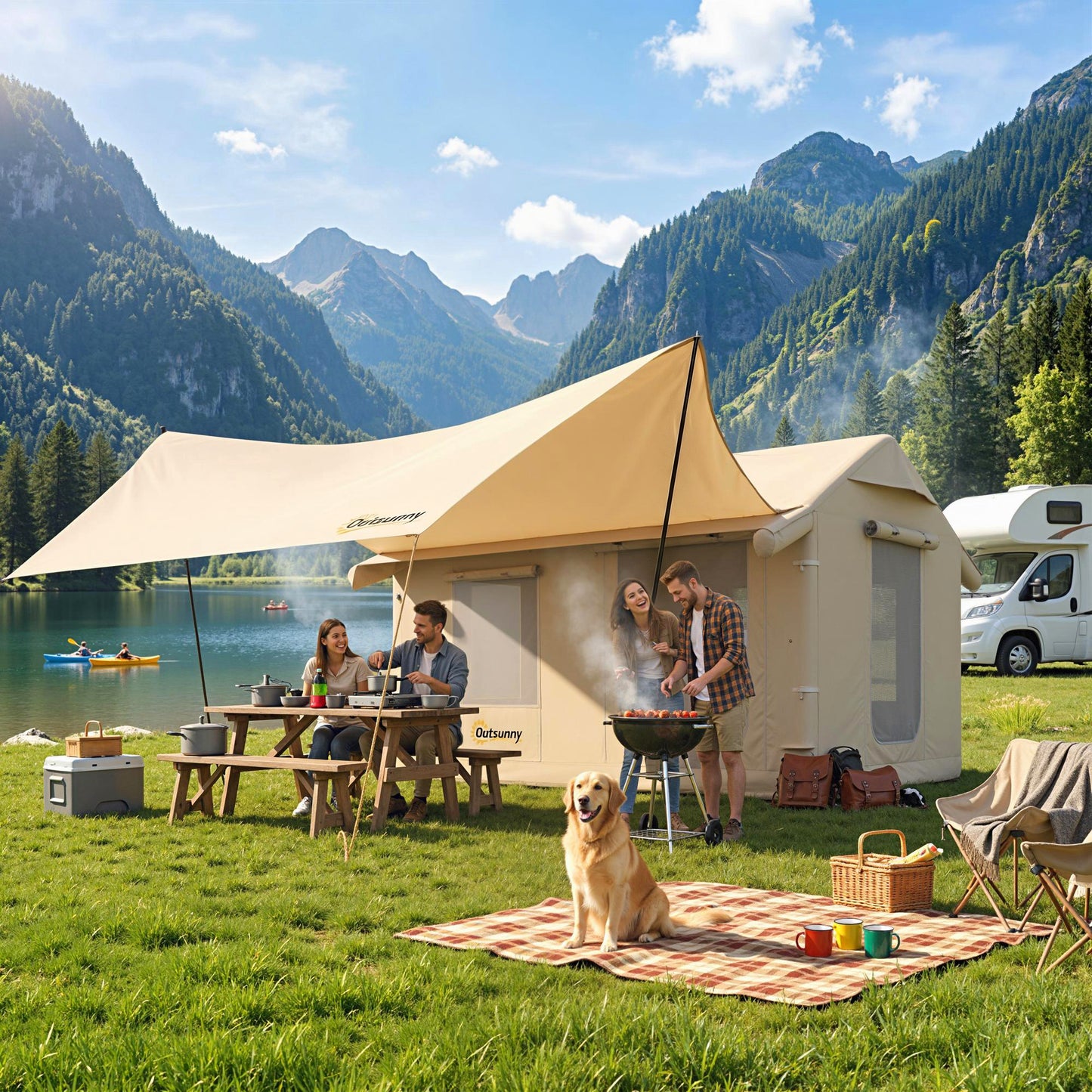 Inflatable Tents Waterproof Glamping Tent with Stove Jack for 6-8 Person