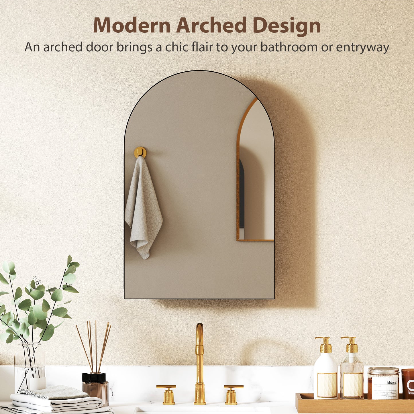 Bathroom Mirror Cabinet with Mirror, Arched Wall Mounted Bathroom Cabinet with Storage Shelves, Black