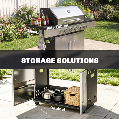 6 Burner Liquid Propane Gas BBQ Grill, Outdoor Portable Gas Barbecue Grill with Warming Rack, Side Tables, Cabinet
