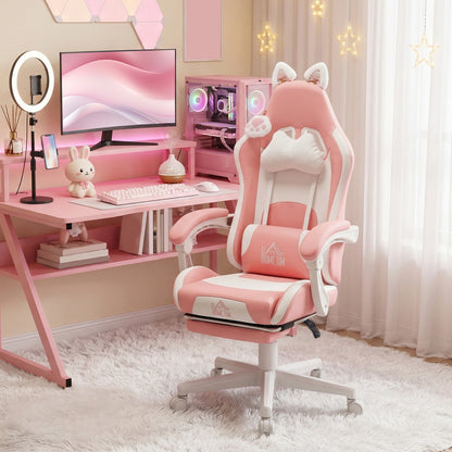 Cat Ear and Paw Reclining Office Chair, with Footrest - Pink/White