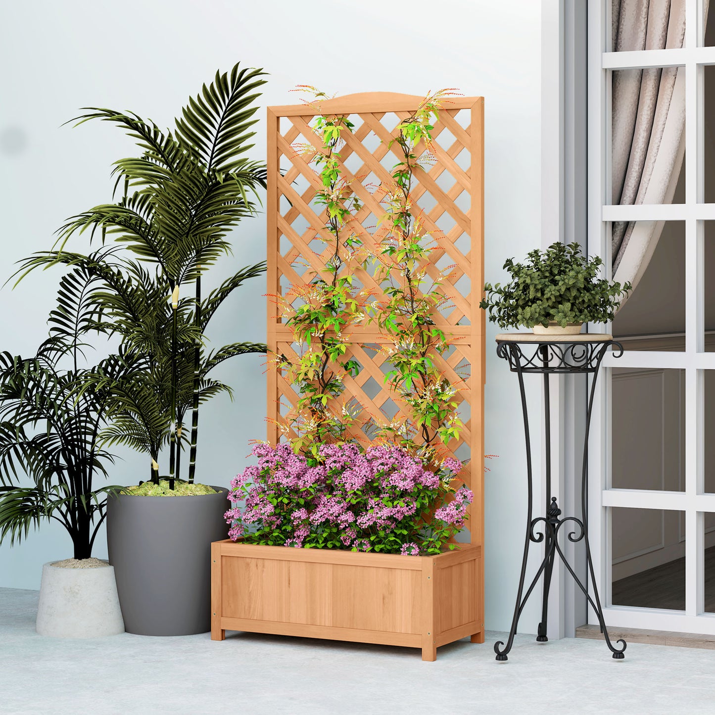 Wooden Planter with Trellis, Freestanding Raised Bed for Garden with Lattice, Outdoor Planter Box for Climbing Plants, Vines