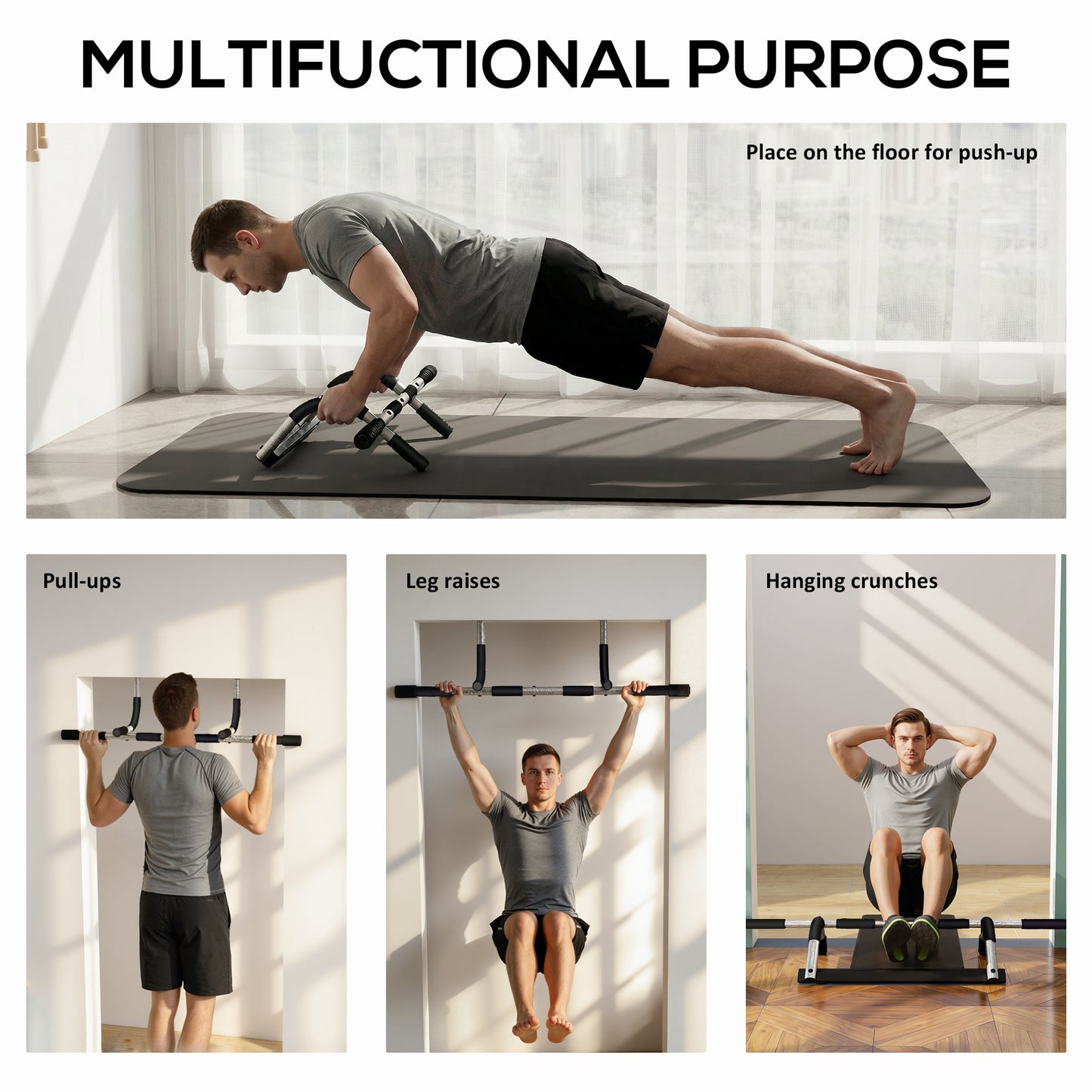 Doorway Pull up Bar, Door Frame Chin up Push up Bar for Home Gym Upper Body Workout, No Drilling or Screws, Grey