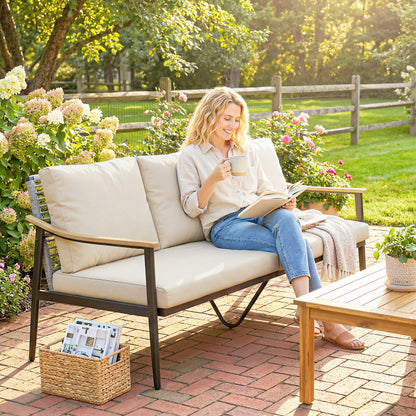 3 Seater Rattan Sofa, Outdoor Garden Sofa with Wood-Effect Armrests, Cushions for Patio, Balcony, Khaki