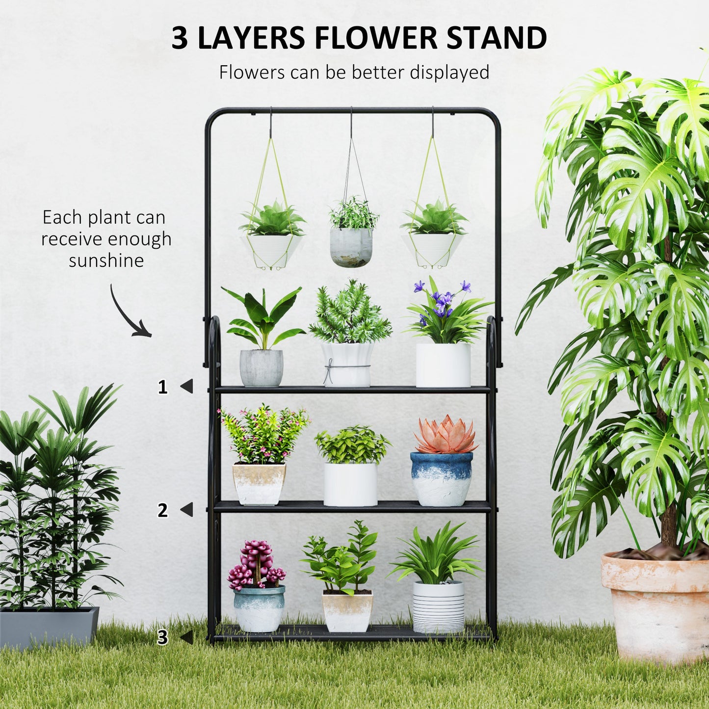 3 Tier Plant Stand with Hanging Rod and Hooks, Metal Plant Rack Shelf