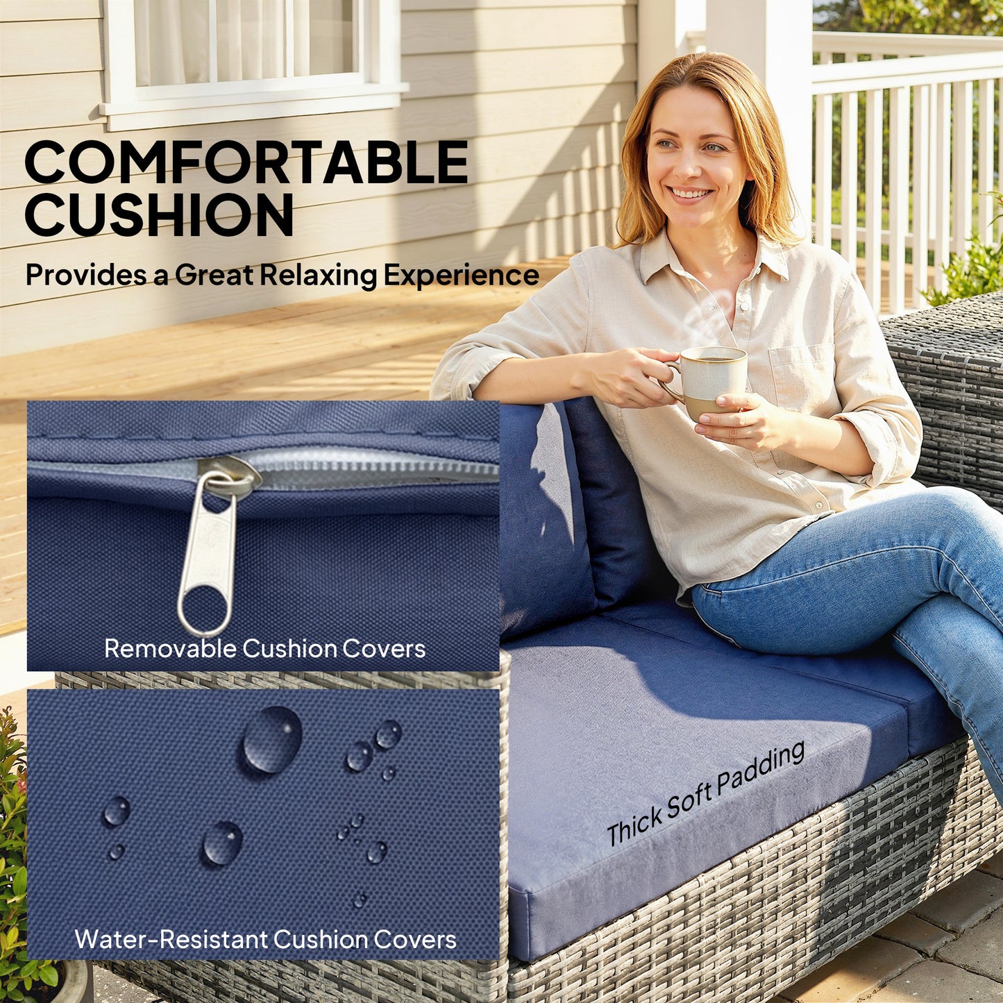 4 Piece Rattan Garden Furniture Set, Outdoor Corner Sofa Set with Storage Table, Loveseats, Cushions - Dark Blue
