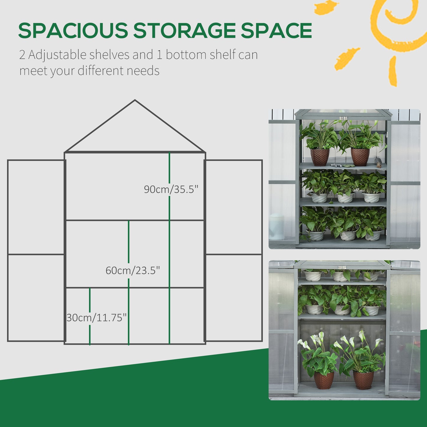 Garden Cold Frame Polycarbonate Greenhouse with Adjustable Shelves, Double Doors, Openable Top Covers