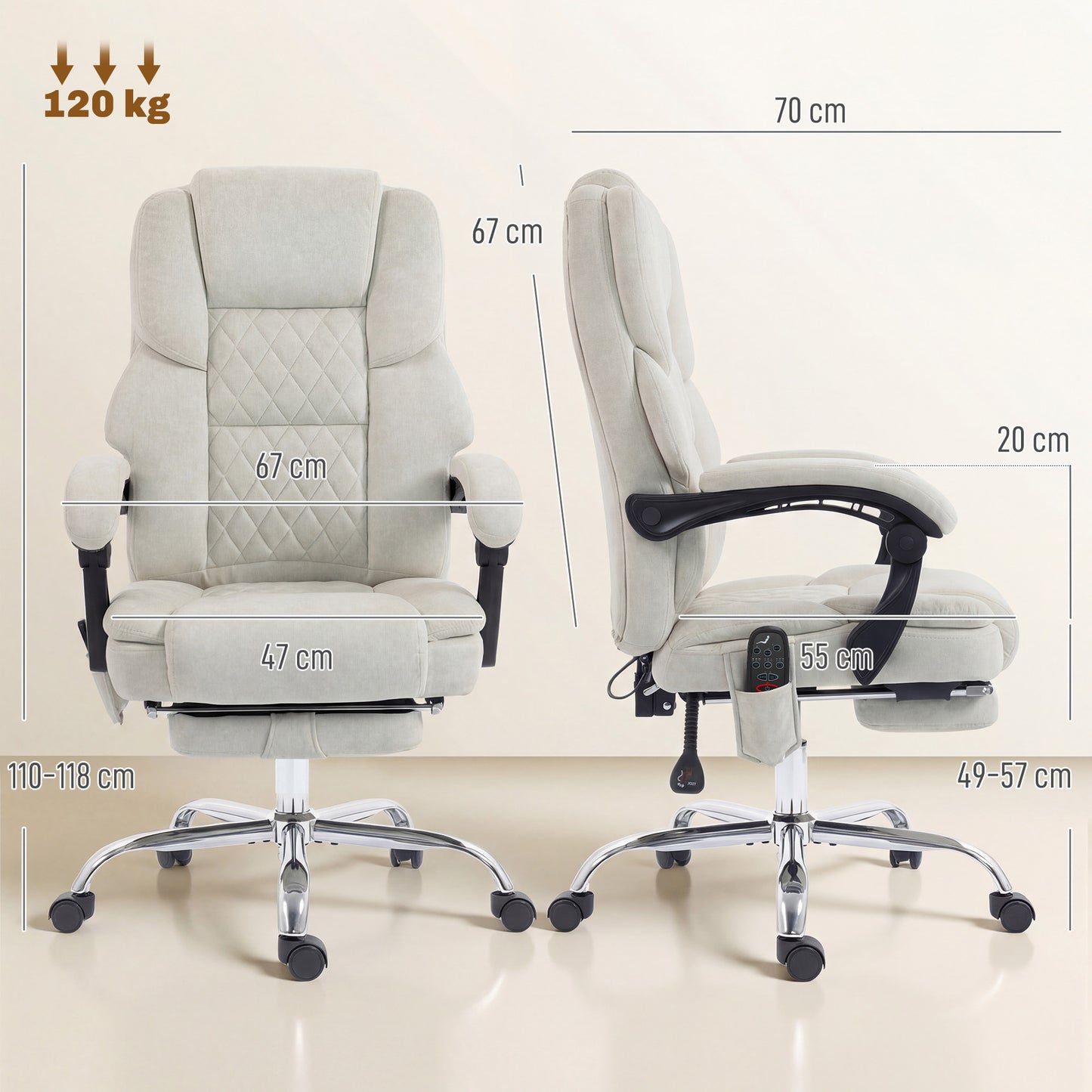 Office Chair with 6-point Vibration Massage and Heat, Fabric Desk Chair with Footrest, High Back, Cream White