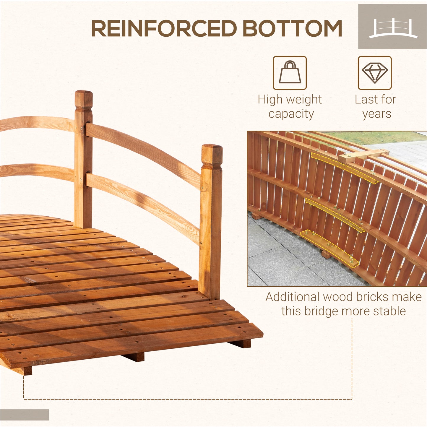 6FT Wooden Garden Bridge with Safety Railings, Classic Arc Footbridge for Stream Pond Walkway, Orange