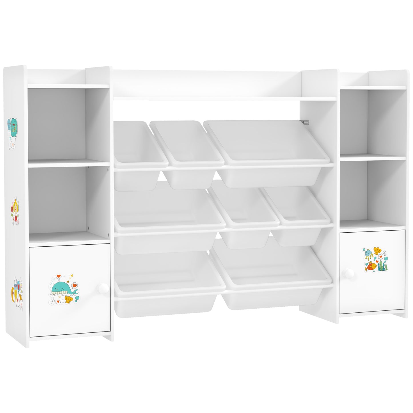 Kids Toy Organizers and Storage with 8 Removable Storage Bins and Bookshelf, White