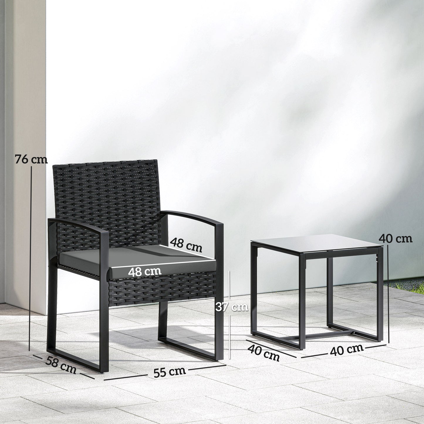 Rattan Bistro Set, 3 Piece Garden Furniture Set with Glass Top Table and Cushions, Dark Grey