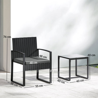 Rattan Bistro Set, 3 Piece Garden Furniture Set with Glass Top Table and Cushions, Dark Grey