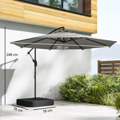 3 m Garden Cantilever Parasol with Cross Base, Sandbag, 360° Rotating Overhanging Banana Umbrella, Grey