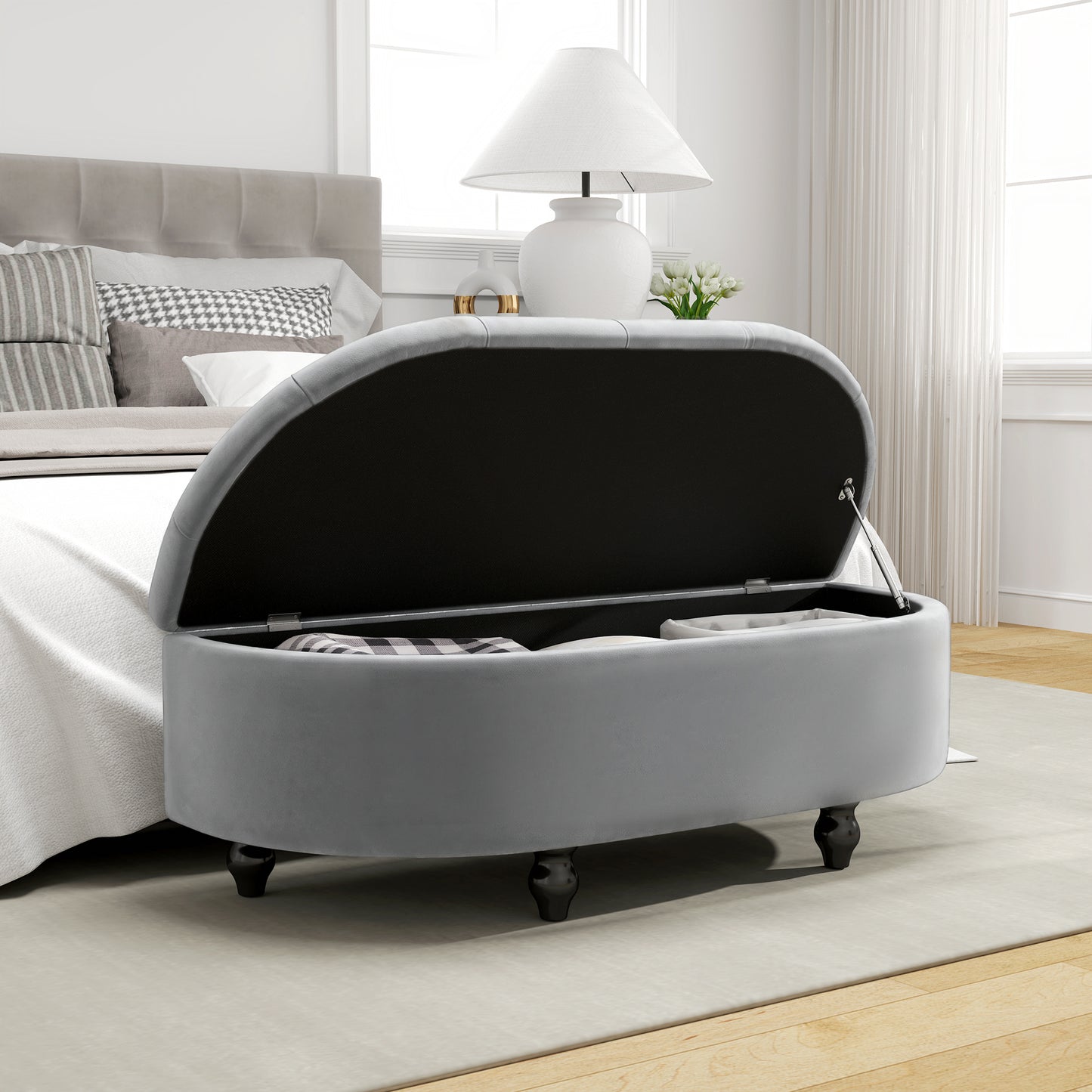 Velvet-Feel Half Circle Storage Ottoman - Dark Grey
