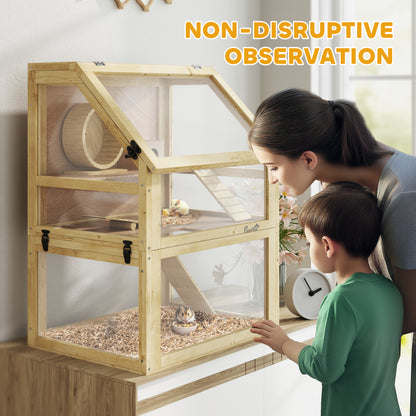 Wooden Hamster Cage with Detachable 32cm Deep Bottom, Hut, Seesaw, Exercise Wheel, Ramp, 60 x 40 x 75cm, Natural