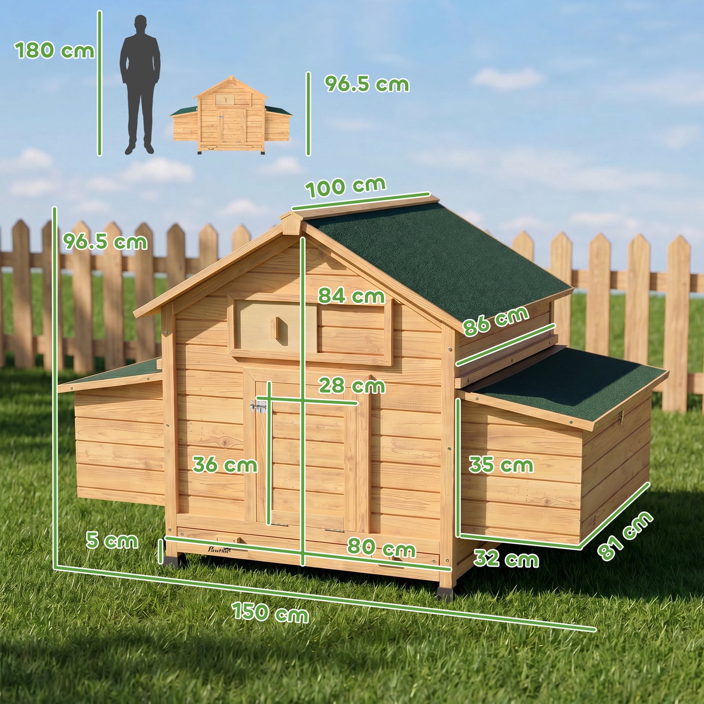 Chicken Coop, Wooden Outdoor Hen House with Nesting Box, Openable Waterproof Top, Pull-Out Tray, 150 x 100 x 97cm
