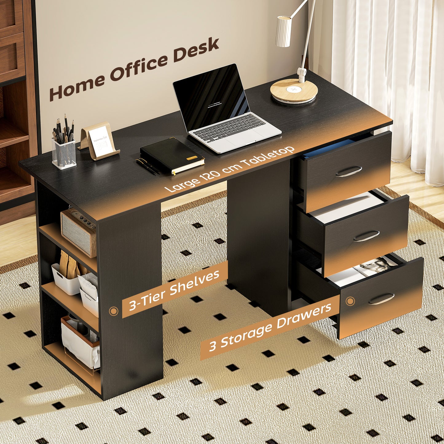 Computer Desk with Drawers, Home Office Desk, Writing Table, PC Workstation with 3 Storage Shelves for Working, Study