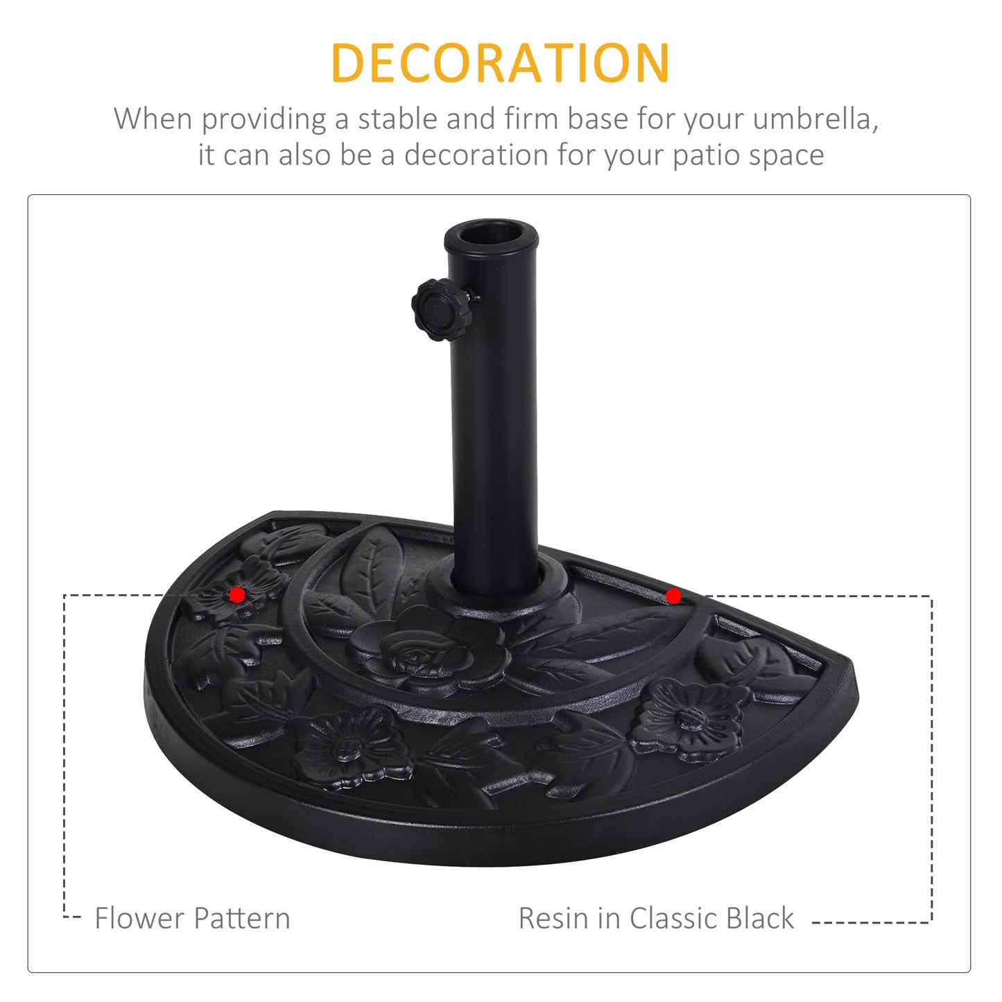9kg Resin Parasol Base, Half Round Umbrella Stand with Floral Design for Garden, Outdoor, Suitable Umbrella Rod: Ø3.8cm