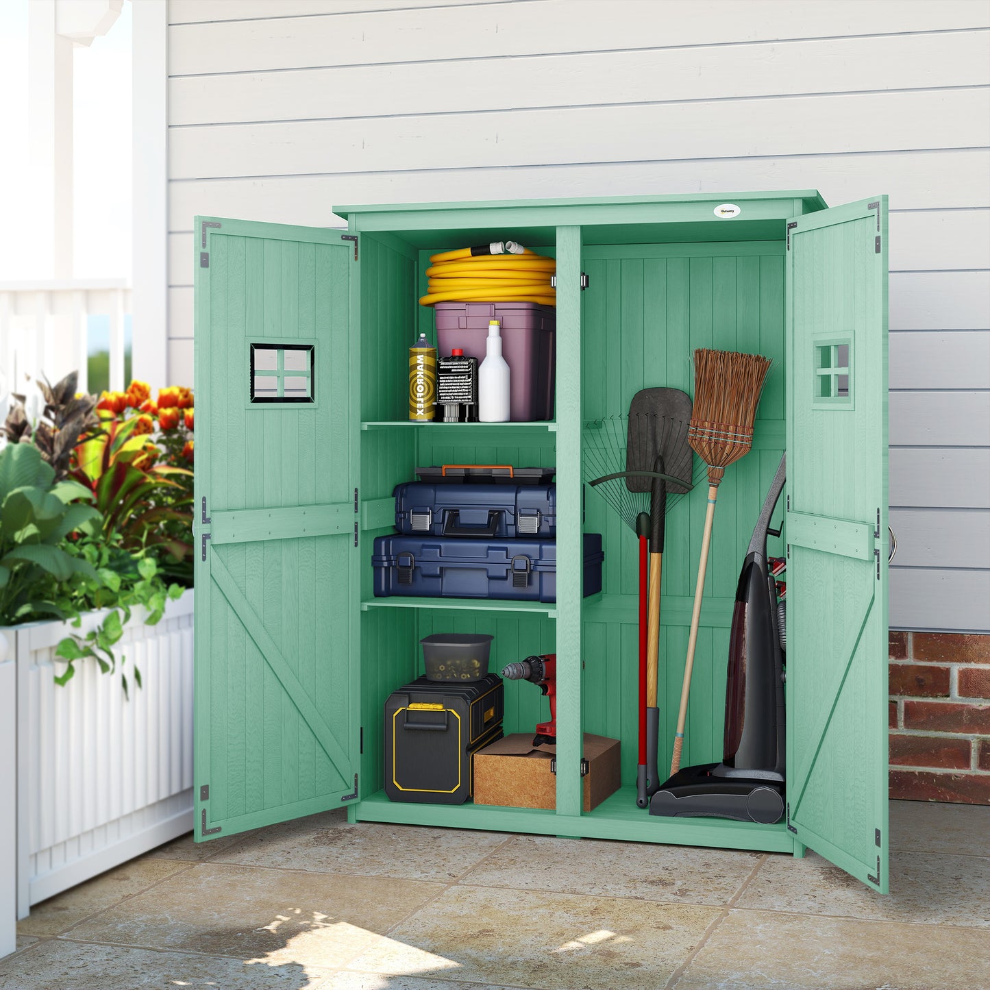 Wooden Garden Shed with Two Windows, Tool Storage Cabinet, Outdoor Double Door organiser 127.5L x 50W x 164H cm, Green