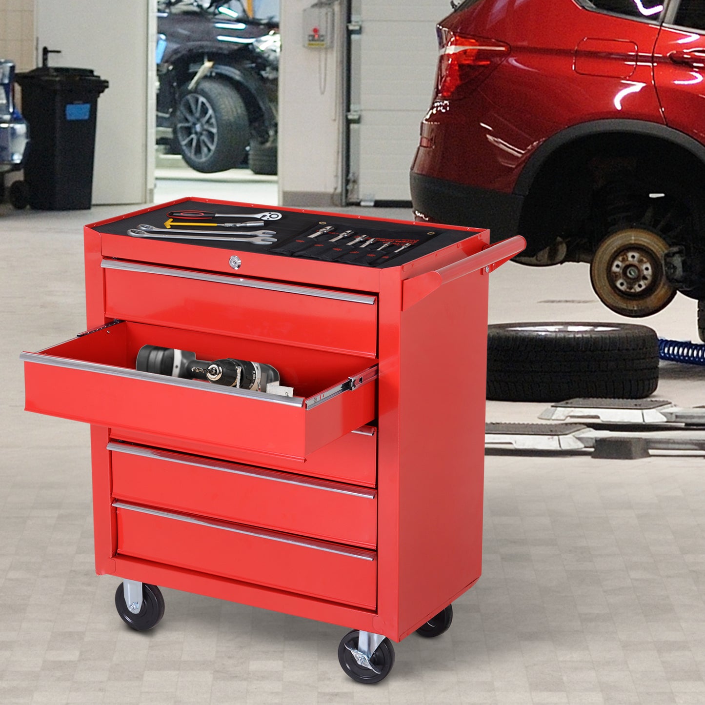 5-Drawer Lockable Tool Storage Cabinet with Wheels, Handle, 2 Keys, Steel Home Work DIY Workshop Chest
