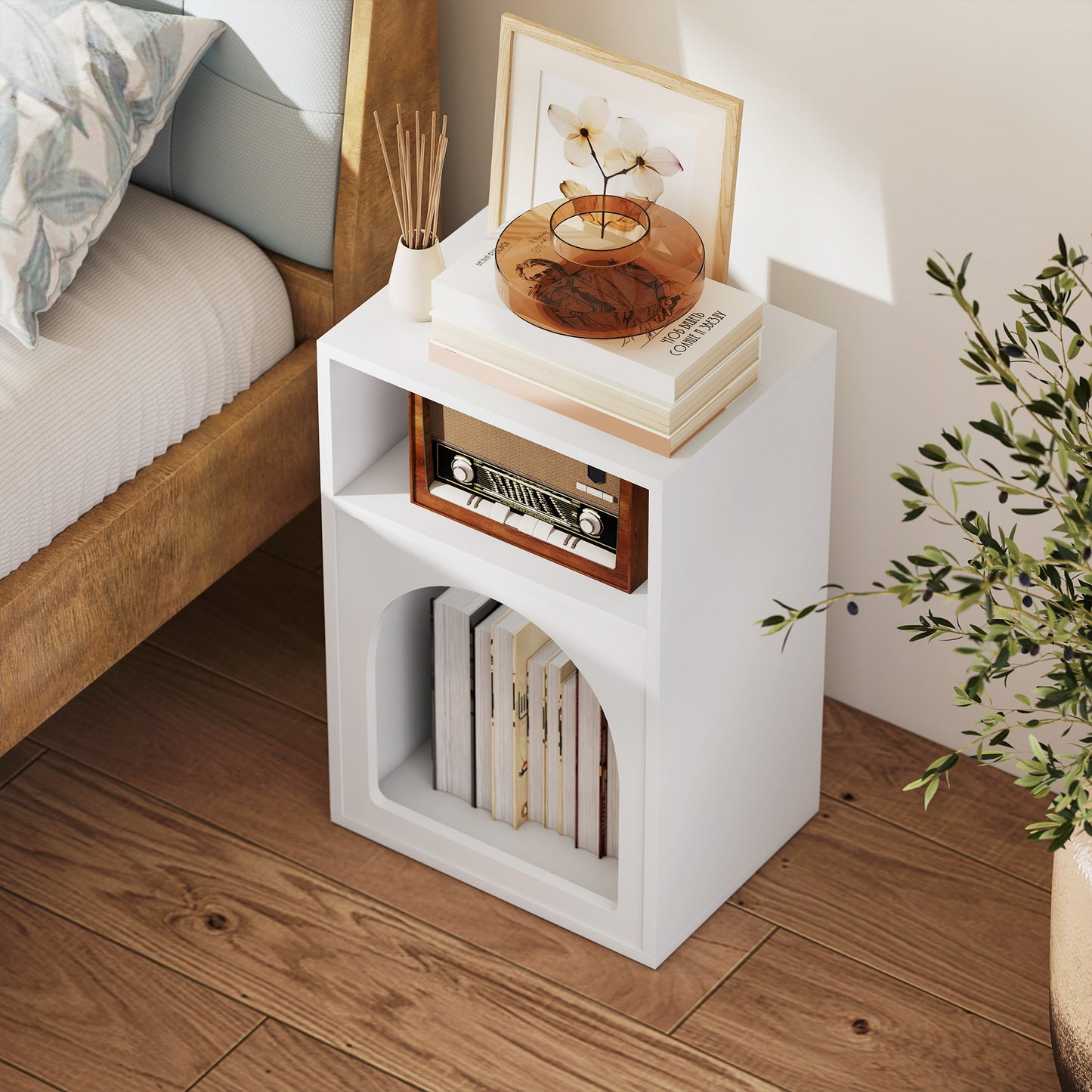 Bedside Table with 2 Open Compartments - White