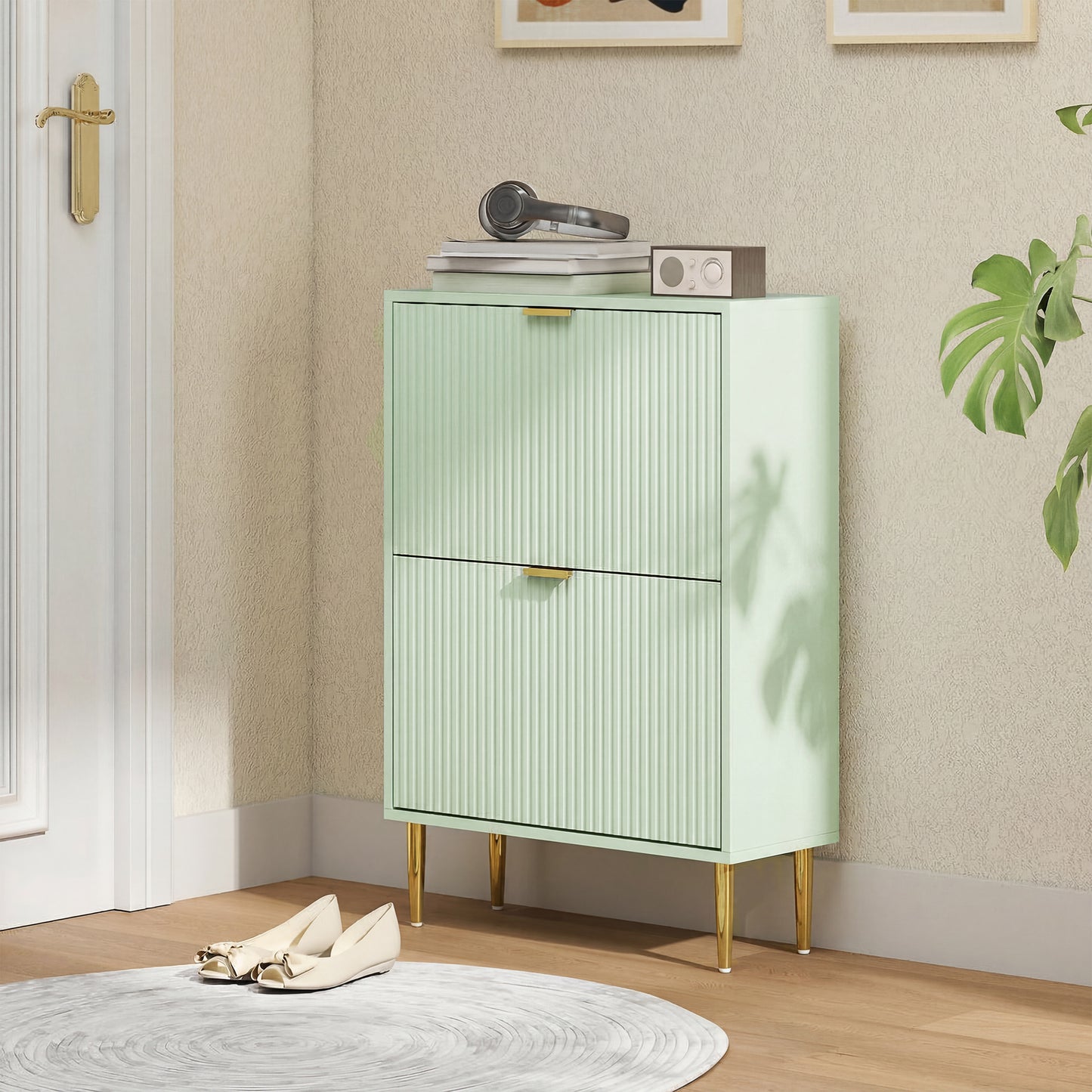 Elegant Two-Drawer Shoe Cabinet - Light Green