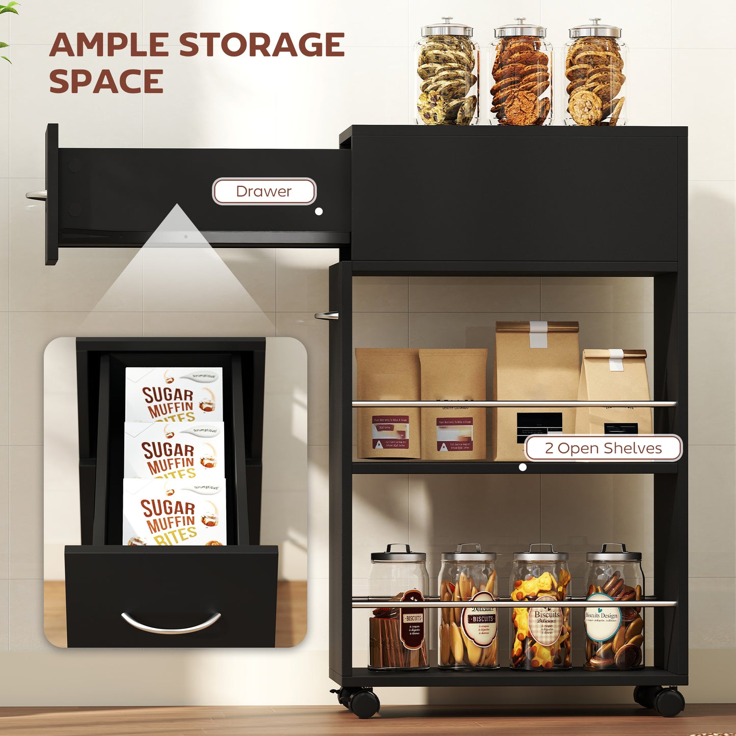Rolling Storage Unit, 3-Tier Kitchen Cart Trolley with Drawer, Surface Top and 4 Universal Wheels, Black