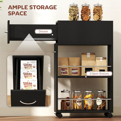Rolling Storage Unit, 3-Tier Kitchen Cart Trolley with Drawer, Surface Top and 4 Universal Wheels, Black
