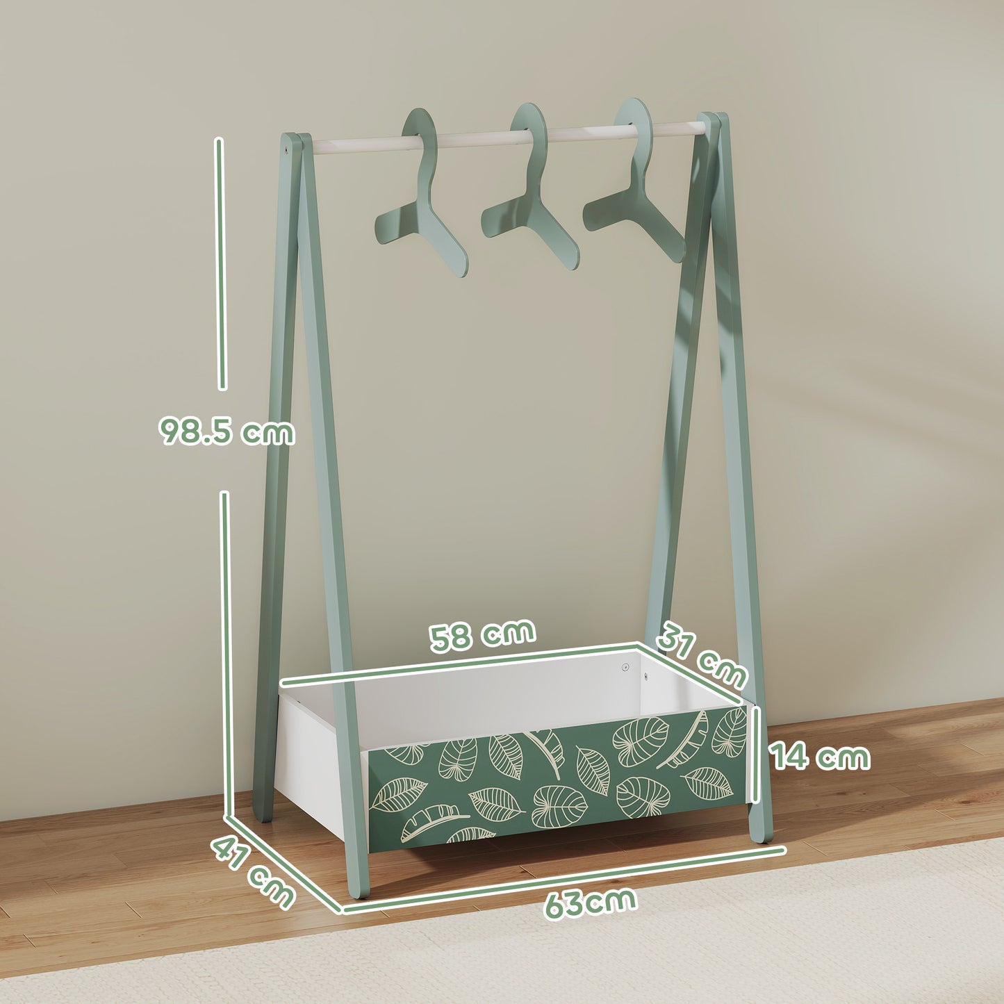 Baby Clothing Rack with Hangers, Storage Shelf for Bedroom, Leaf Theme, for Ages 3-6, Green