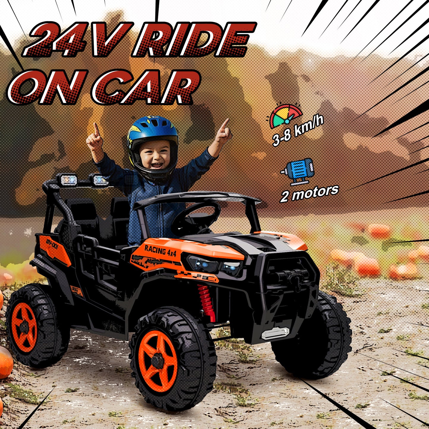 24V Electric Ride on Car, 2-Seater Electric Car for Kids with Remote, Bluetooth, Soft Start, Suspension Spring, Orange