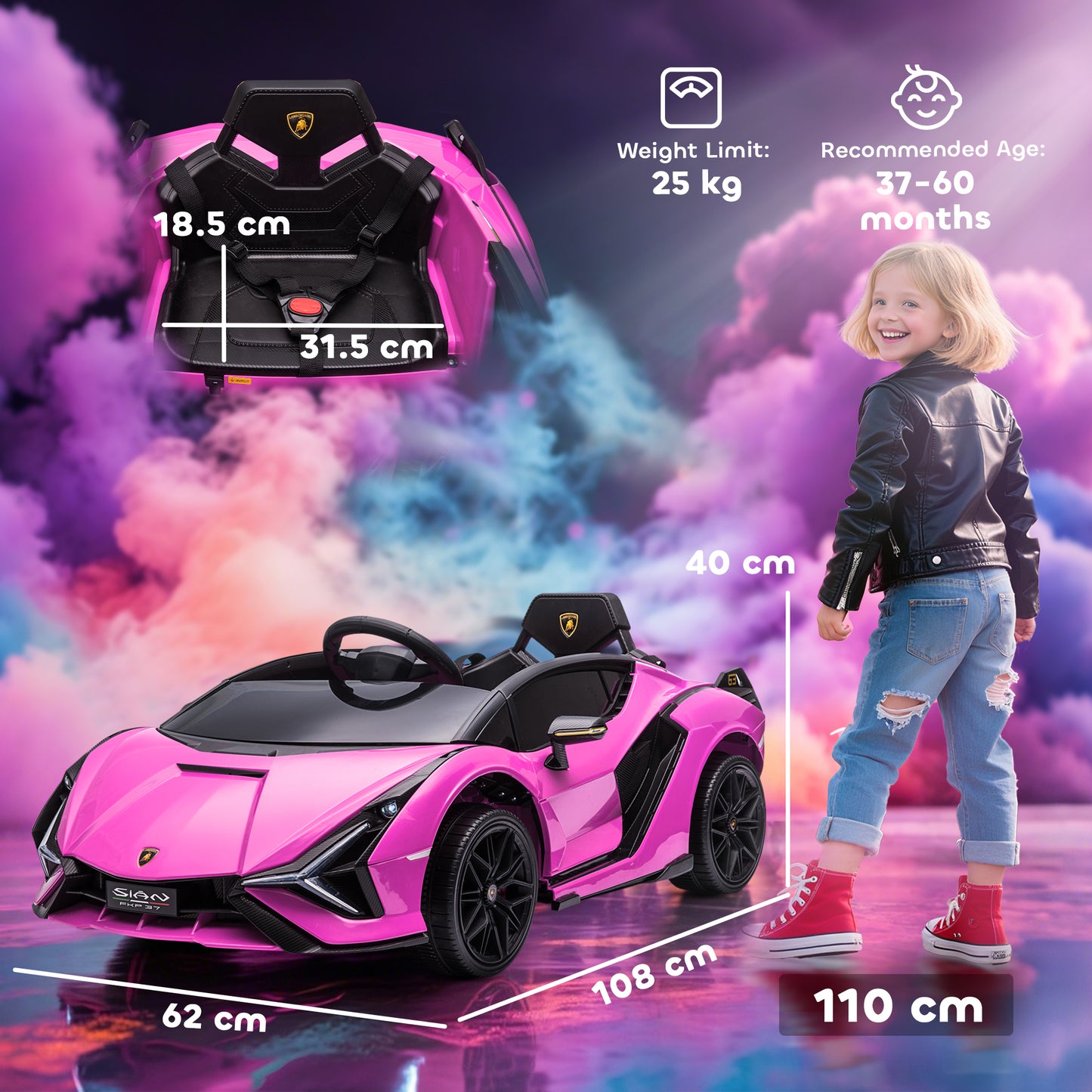 Lamborghini Sian Licensed Electric Car for Kids, 12V Kids Electric Ride on Car with Dual Motors, Remote Control, Pink