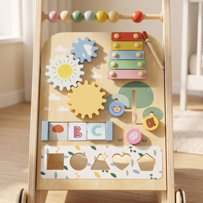 Wooden Baby Walker, Toddler Push Along Walker with Speed Control, Activity Centre and 5 Blocks for 18 Months+, Natural