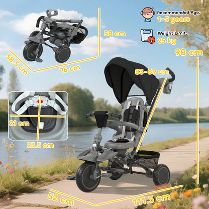6 in 1 Foldable Kids Trike with Adjustable Parent Handle & Canopy for Ages 1-5, Black