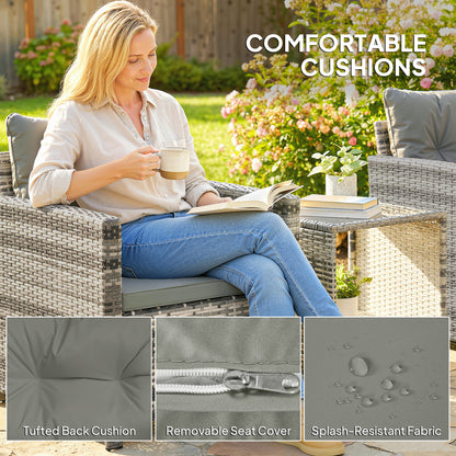 Rattan Bistro Set, 3 Piece Garden Furniture Set with 2 Tier Glass Top Table and Cushions, Mixed Grey
