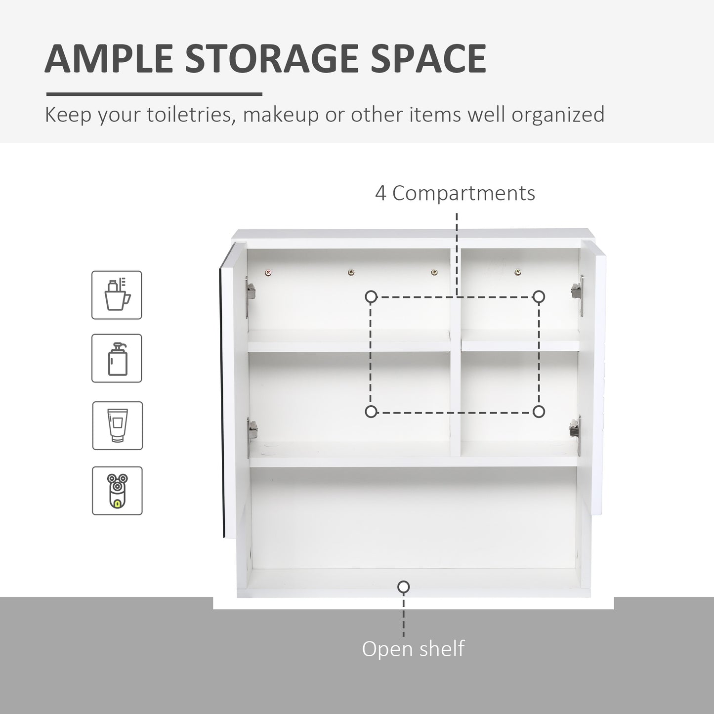 Bathroom Mirror Cabinet Wall-Mounted Storage w/ Double Door Adjustable Shelf - White