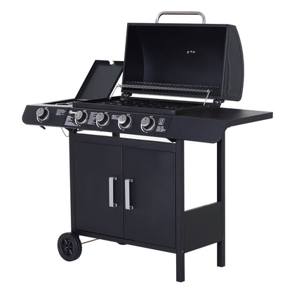 4+1 Burner Gas BBQ Grill, Outdoor Barbecue Trolley with Wheels, Warming Rack, Side Shelves, Cabinet, Thermometer for Garden