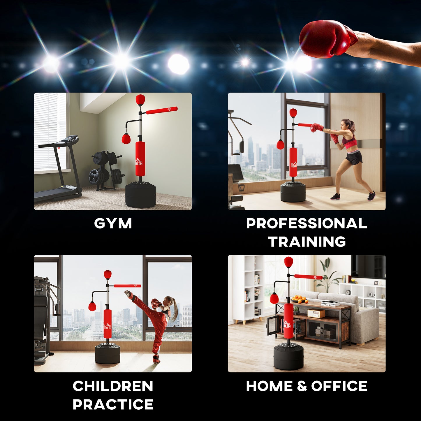 4-in-1 Boxing Punching Bag, Freestanding with 2 Speed Bals, 360° Reflex Bar, 160-230cm Adjustable Height, Red