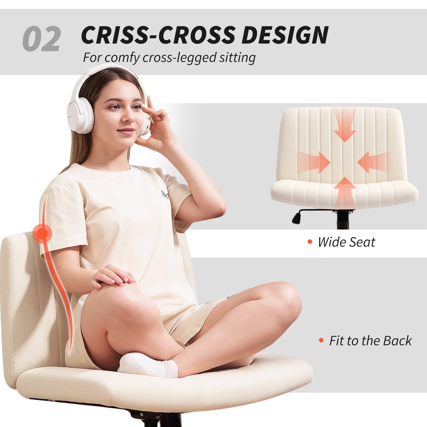 Armless Office Chair No Wheels, Linen Fabric Criss Cross Legged Desk Chair with Wide Seat, Thick Padding, Tilt Function