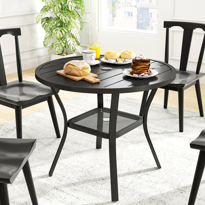 90 cm Garden Dining Table with 4-5 cm Parasol Hole, Round Outdoor Dining Table, Steel Garden Table