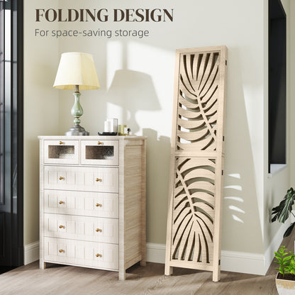 4 Panel Privacy Screens, Detachable Folding Room Divider with Palm Leaf Design for Home Office, Natural Wood Finish