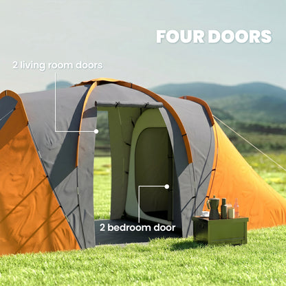 Large Camping Tent Tunnel Tent with 2 Bedroom and Living Area, 2000mm Waterproof, Portable with Bag for 4 Man, Orange