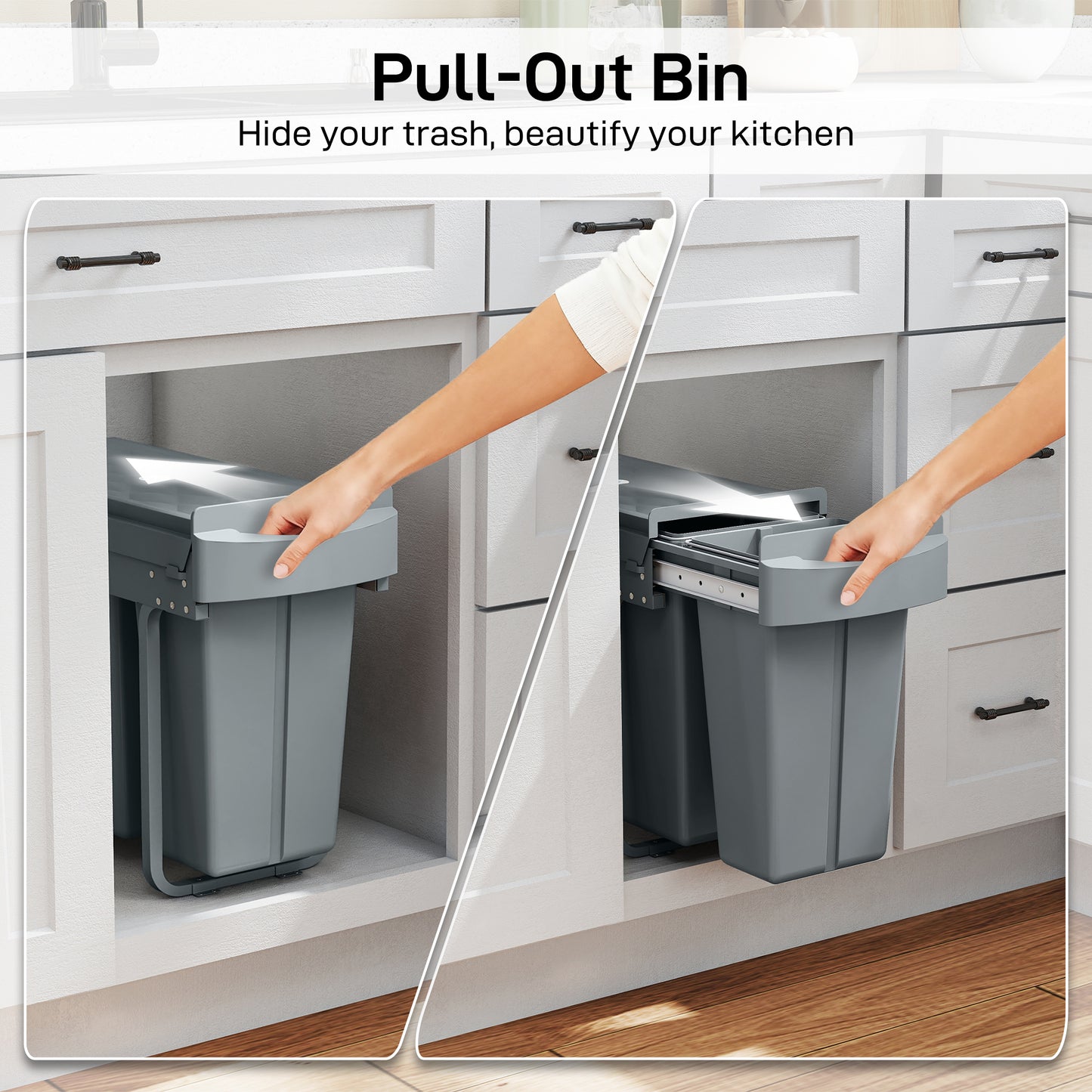 2 Removable Recycling, ContaineUnder-Sink Kitchen Trash Bin, Smooth Slide, Handle, Diamond Pattern Lid, Grey